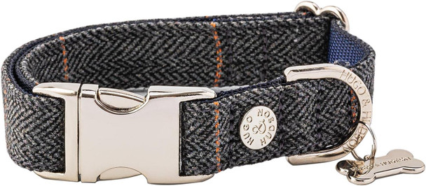 Hugo & Hudson Tweed Dog Collar Quick Release Metal Safety Buckle, Grey Checkered Herringbone, L