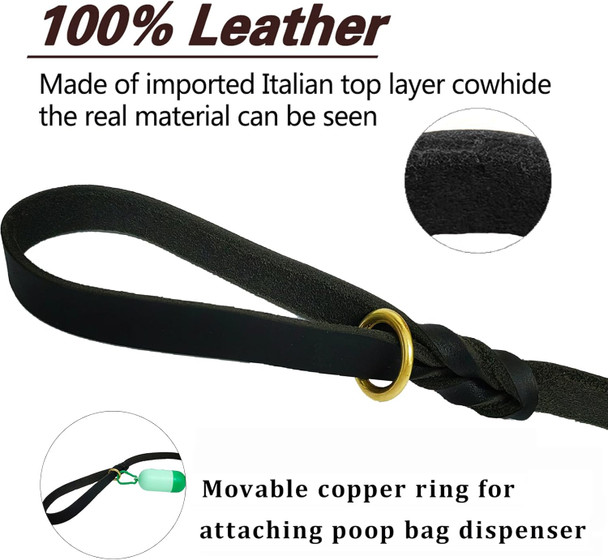 Leather Dog Leash 6Ft X 1/2 Inch Heavy Duty Dog Leash, Strong Sturdy Genuine Leather Braided Dog Leash, Soft And Comfortable Leather Leash For Large, Medium And Small Dogs Training Black