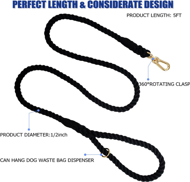 5 Ft Dog Leash Handmade Braided Cotton Rope Dog Leash For Small Medium And Large Dogs Black