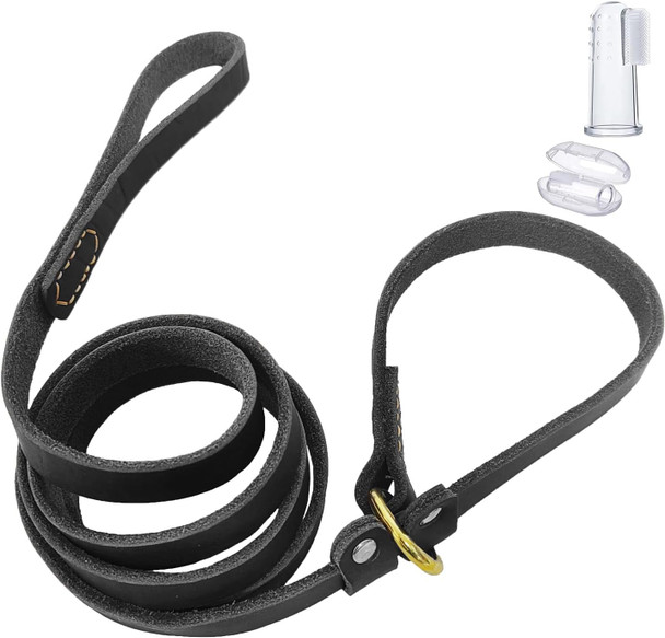 5.6Ft Leather Dog Leash, Real Leather Slip Lead Dog Leash, Soft Adjustable Dog Training Leash For Small Medium And Large Dogs Black