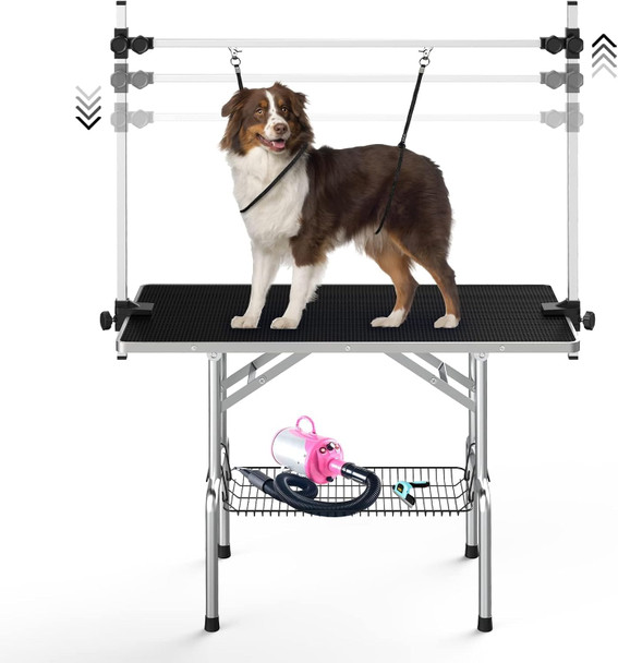 Dog Grooming Table, Adjustable Large Pet Drying Desktop, Foldable Bathing Desk With Arms, Noose, Mesh Tray, Maximum Capacity Up To 330Lb, 42Inch, Dark Black