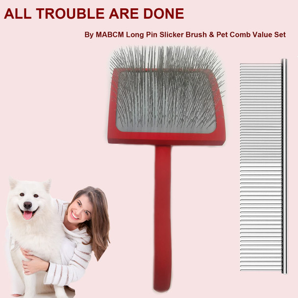 Slicker Brush For Dogs & Pet Comb Value Kit,Large Dog Slicker Brush For Goldendoodles Poodles Doodle With Ergonomic Solid Wooden Handle Best Extra Long Pin Dog Grooming Brush Haired Dogs (Red)