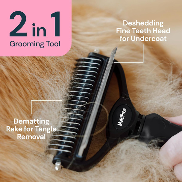 Malsipree Dog Grooming Brush For Shedding - 2 In 1 Deshedding Tool And Undercoat Rake For Long And Short Haired Dogs With Double Coat - Dematting Comb And Pet Hair Deshedder Supplies (Large, Black)