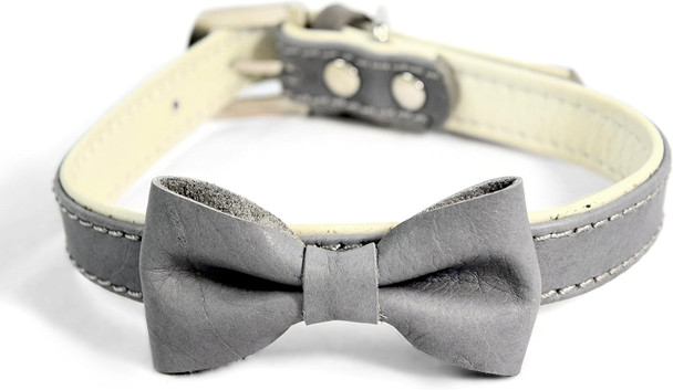 Martha Stewart Leather Bow Tie Buckle Collar For Dogs, Grey, Size 20