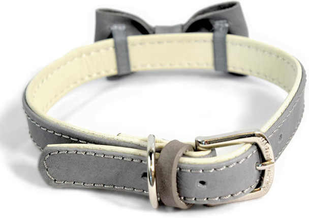 Martha Stewart Leather Bow Tie Buckle Collar For Dogs, Grey, Size 20