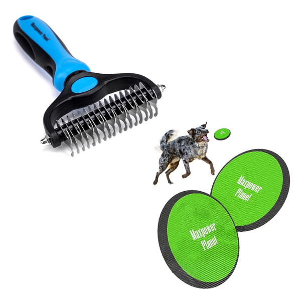 Maxpower Planet Pet Grooming Brush Undercoat Rake Bundle, Dog Frisbee 2 Pack Easy To Spot Disc And Dog Brush For Shedding, Blue