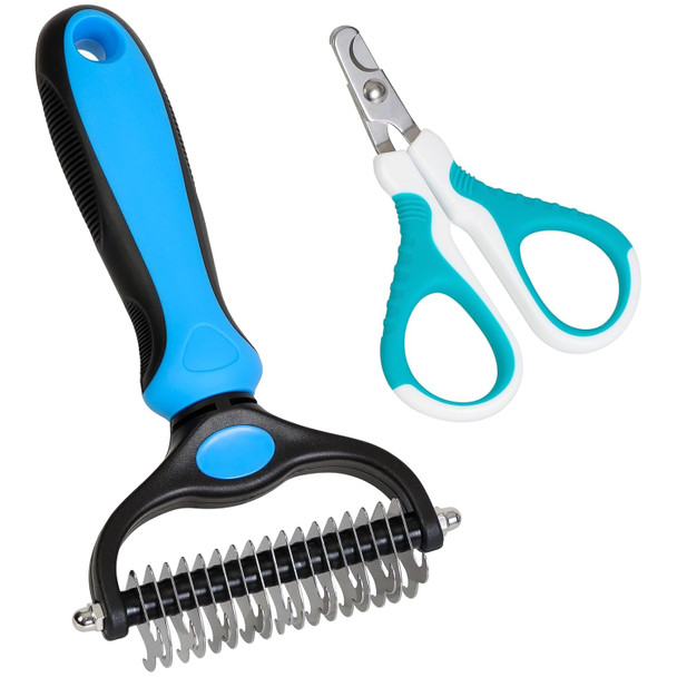 Pet Grooming Brush & Nail Clipper - Double Sided Shedding, Dematting Undercoat Rake For Dogs, Cats - Extra Wide Dog Brush For Shedding, Cat Brush & Cat Nail Clipper, Kitten Nail Trimmers - Set Of 2