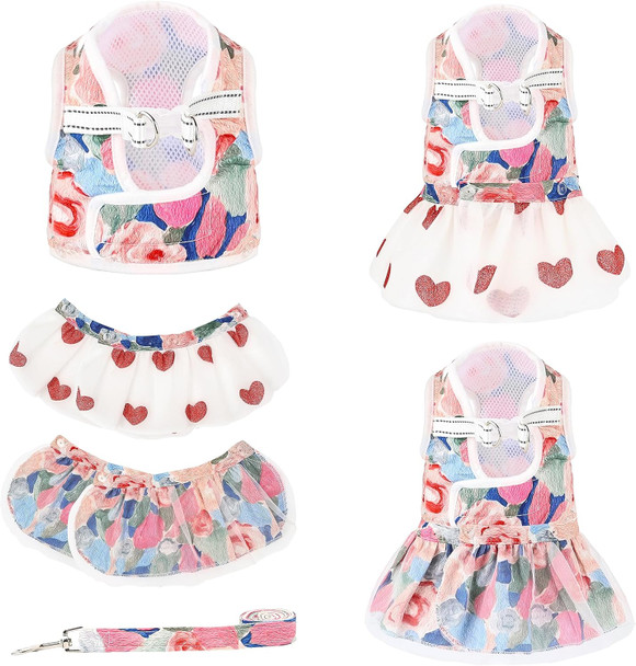 3-In-1 Dog Floral Harness With Bow Tie Harness Leash Set And 2 Detachable Hem For Small Medium Dogs Christmas Picnic Birthday Party (Rose Red,S)