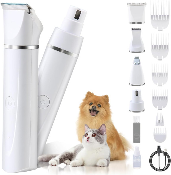 Dog Trimmer For Grooming,4 In 1 Dog Grooming Kit,Low Noise Electric Pet Hair Trimmer,Rechargeable Cordless Dog Paw Trimmer Nail Grinder Face Shaver For Small & Large Dog Cat Pet