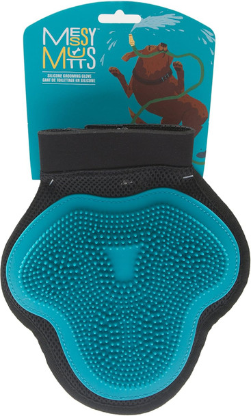 Messy Mutts Reversible Silicone Pet Grooming Glove Gentle Massage, Brush, Bath And Dog Hair Removal Mitt One Size Fits All Blue