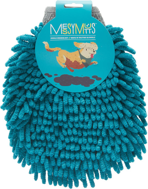 Messy Mutts Microfiber Grooming Mitt Chenille Microfiber Dog Shammy Mitt Machine Washable Paw Cleaner Blue