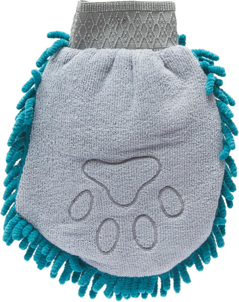 Messy Mutts Microfiber Grooming Mitt Chenille Microfiber Dog Shammy Mitt Machine Washable Paw Cleaner Blue