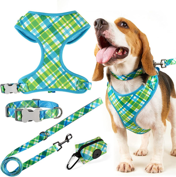 Dog Harness Collar And Leash Set, Soft Fabric Strong Adjustable Reflective No Pull Dog Vest Harness With Poop Bag Holder For Small Medium Large Dog