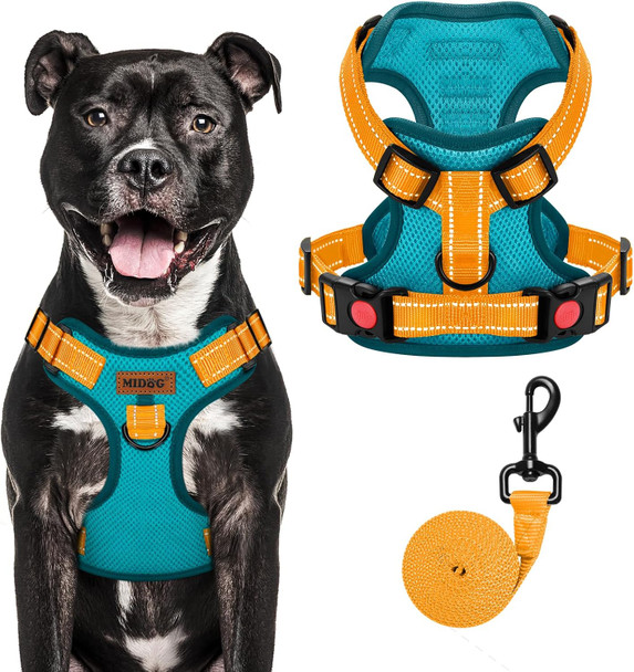 Midog Dog Harness, No-Pull Pet Harness And Leash Set For Small Medium Large Dogs Walking, No Choke Front Clip Dog Reflective Harness, Adjustable Soft Padded Pet Vest With Easy Control Handle (Blue,L)