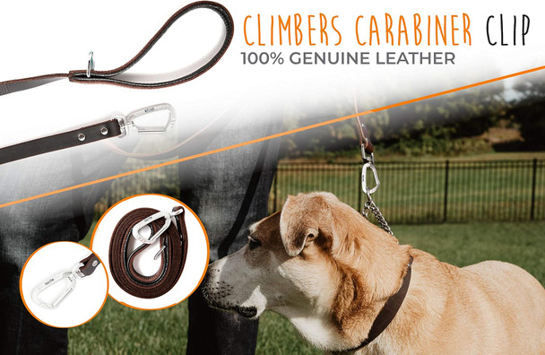 Mighty Paw Leather Dog Leash For Large Dogs - Soft Padded Handle - Extra D-Ring For Waste Bags - Strong Climbers Clip - 6 Ft Leash Leather - Leather Dog Leashes For Large Dogs - Leather Lead - Brown