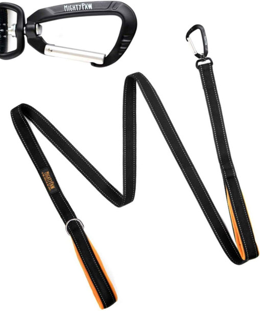 Mighty Paw Two Handle Dog Leash - Paw Leash Built-In Traffic Loop - Leash Carabiner Clip - Traffic Leash Dog - Double Padded Handles - Suitable For Small To Large Pets - 6' Dog Training Leash (Black)