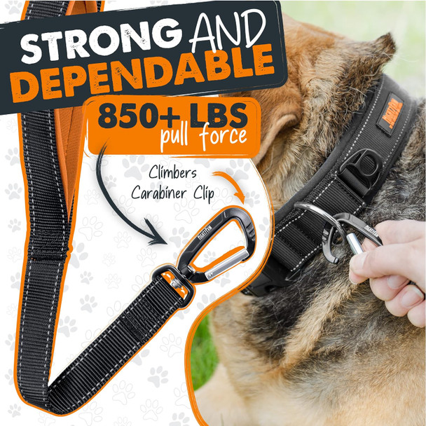 Mighty Paw Two Handle Dog Leash - Paw Leash Built-In Traffic Loop - Leash Carabiner Clip - Traffic Leash Dog - Double Padded Handles - Suitable For Small To Large Pets - 6' Dog Training Leash (Black)