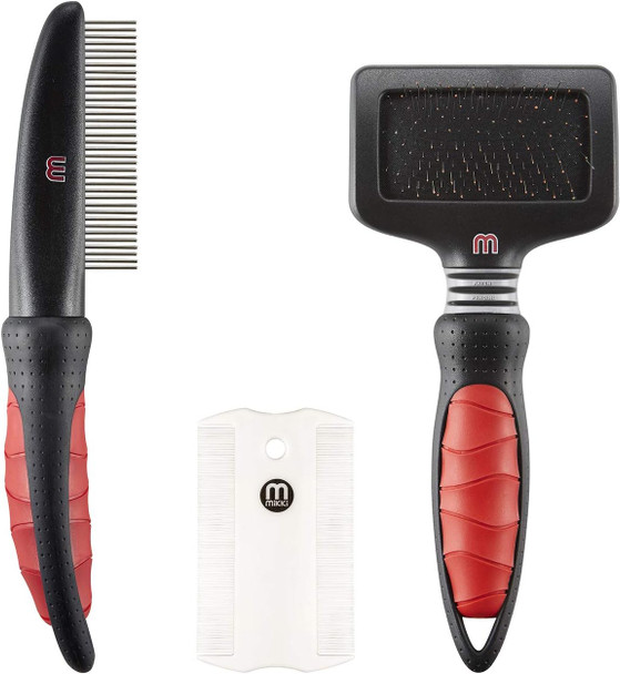 Mikki Puppy Dog Grooming Kit With Slicker Brush, Comb And Flea Comb - Gentle Grooming Starter Set 3Pcs