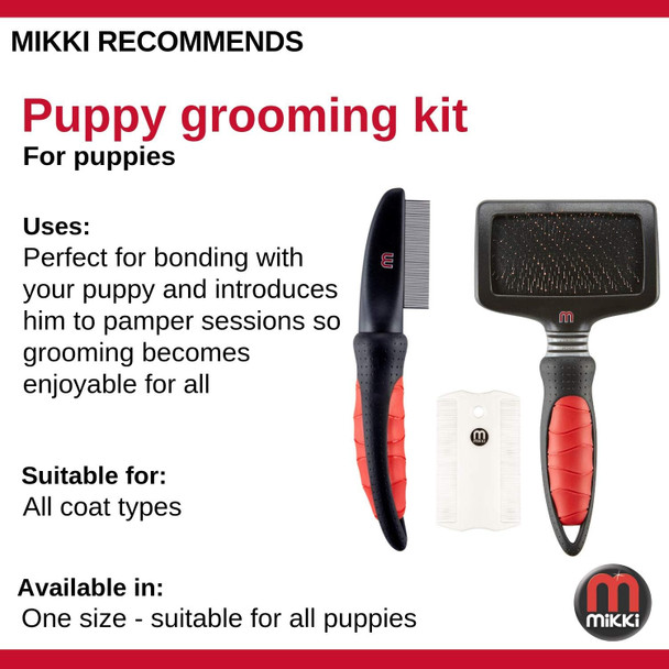 Mikki Puppy Dog Grooming Kit With Slicker Brush, Comb And Flea Comb - Gentle Grooming Starter Set 3Pcs