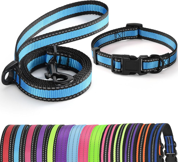 Mile High Life Reflective Dog Collar Leash Set Small Dog Collar Leash Set Medium Dog Collar Leash Set Adjustable Collar Leash Set (Reflective Edge Blue, Large (Pack Of 2))