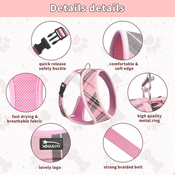 Mina&Co Dog Harness For Small Dogs No Pull - Adjustable Mesh Puppy Harness And Leash Set, Harness Medium Size Dog, Puppy Collar And Leash Set With Bandana & Poop Bag, Dog Vest Harness (Pink, Small)