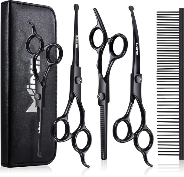 Dog Grooming Scissors Kit Professional,Titanium-Plated Stainless Steel Dog Scissors For Grooming Face And Paws With Safety Round Tip,Grooming Scissors For Dogs & Cats,Curved Scissors For Dog Grooming