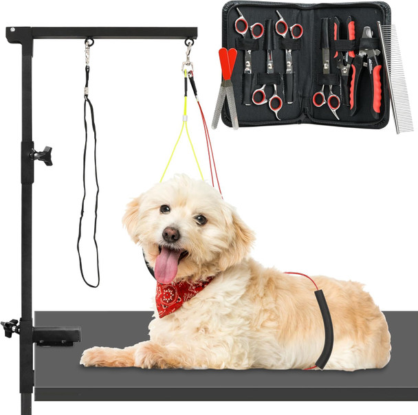 Modern Innovations Dog Grooming Arm, 12-Piece Dog Grooming Table Arm With Clamp & Tool Kit, Harness +Accessories For Small/Medium Dogs, Shears, Curved & Straight Haircut Scissors, Nail Clippers, Comb
