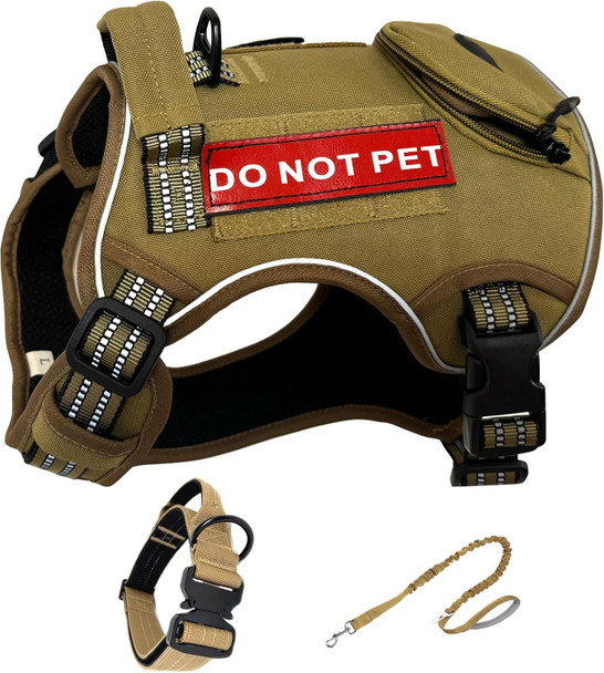 Tactical Dog Harness For Medium Large Dogs, No Pull Dog Harness With Reflective Strips And Pocket, Heavy Duty Dog Harness Collar Leash Set/L