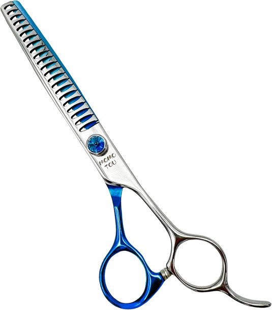 Blue & Silver Chunker Dog Grooming Scissors With Decorative Imitation Diamond Sharp And Durable 7.0'' 9Cr Stainless Steel Pet Cat Trimming Shears For Home User And Beginners