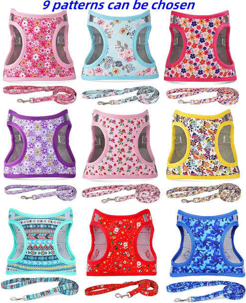Moonpet Step In Air Dog Harness Leash Set- All Weather Reflective No-Pull Floral Pattern Padded Mesh Vest Harness For Cats Puppy Extra-Small Small Medium Large Dogs - Pink Flower - Xxs