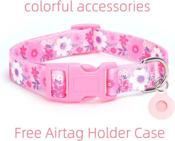 Moonpet Dog Collar With Leash & Airtag Holder Case Set, Breathable Adjustable Durable Dog Collars For Male Female Puppy X-Small Small Medium Large Dogs Walking Running Training-Pink Flower-M