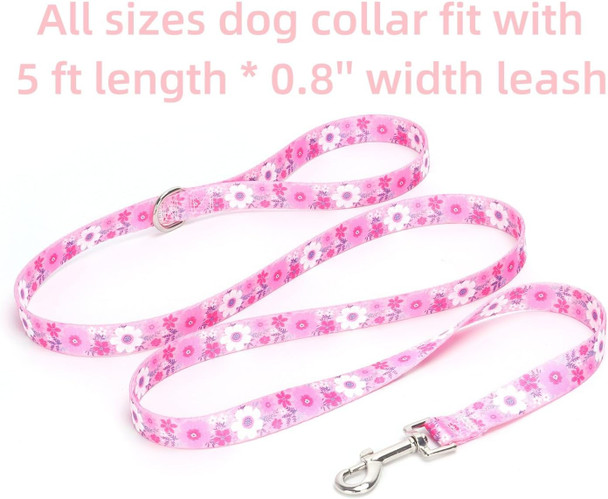 Moonpet Dog Collar With Leash & Airtag Holder Case Set, Breathable Adjustable Durable Dog Collars For Male Female Puppy X-Small Small Medium Large Dogs Walking Running Training-Pink Flower-M