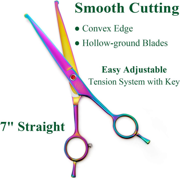 7 Dog Grooming Scissors Set, Reversible Trimming Thinning Chunkers, Curved, Straight Cat Pet Hair Cutting Shears With Safety Rounded Tip For Grooming Full Body, Professional Quality, Multi-Colored