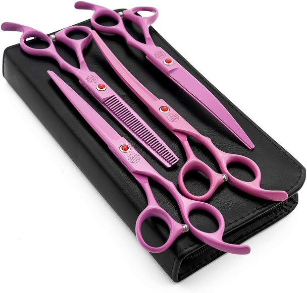 Professional 7.0 Dog Grooming Scissors Set, 4-Pieces Straight, Upward Curved, Downward Curved, Thinning/Blending Shears For Dog, Cat And Pets, Jp Stainless Steel, Pink
