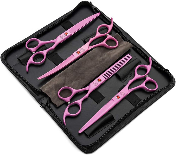 Professional 7.0 Dog Grooming Scissors Set, 4-Pieces Straight, Upward Curved, Downward Curved, Thinning/Blending Shears For Dog, Cat And Pets, Jp Stainless Steel, Pink