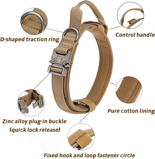 Tactical Dog Collar And Leash Set With Handle And Heavy Duty Metal Buckle For Medium Large Dogs, Adjustable Nylon Military Dog Collar With Handle For Dog Training(L Brown Set)