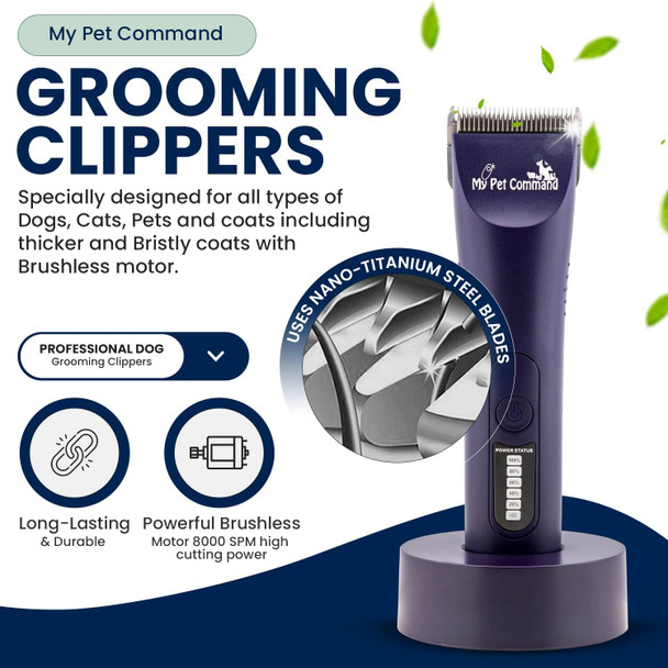 My Pet Command Professional Dog Grooming Clippers Thick Coats Cordless Heavy Duty Kit For Dogs Pets Cats Intelligent Low Noise Light Weight Brushless Motor Shearing Shaving Detachable Blades