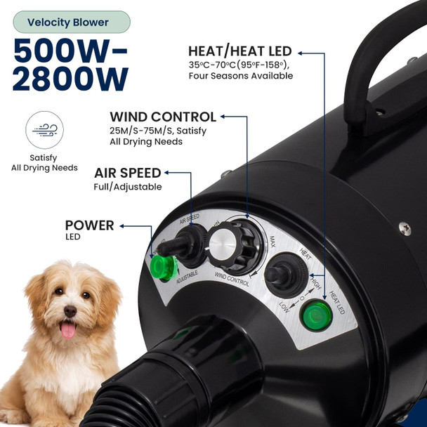 My Pet Command Dog Dryer Blower, Ultra Quiet, Professional High Velocity Blower Adjustable Hot And Cold Airflow, For Drying Deshedding With Accessories, 110V, 500W-2800W 4.5Hp