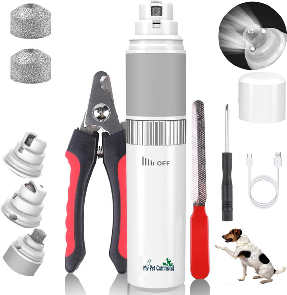 My Pet Command Cordless Dog Nail Grinder Quiet Low Noise For Large Medium Small Dogs And Cats, Powerful Variable Speed Motor Rechargeable Pet Claw Trimmer With An Extra Diamond Bit, Clipper And File