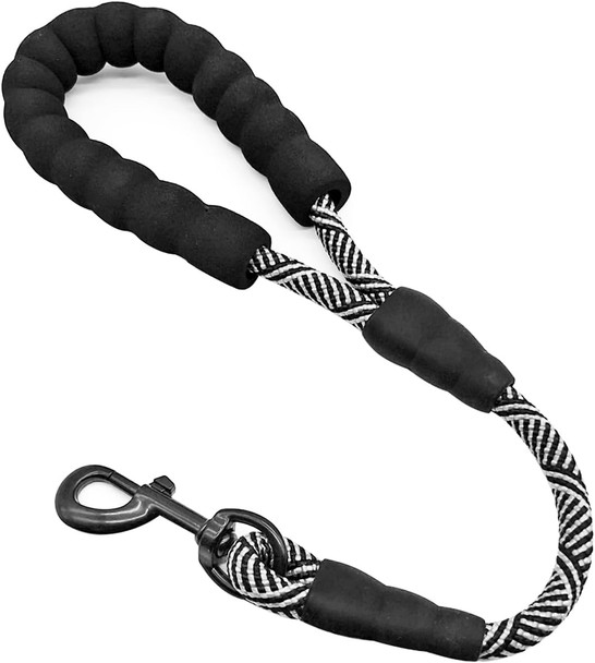 Short Dog Leash- 18 Inch Rope Traffic Leash With Padded Handle- 1/2” Strong Nylon Tab Leash For Medium Large Dogs Training Walking (Black)