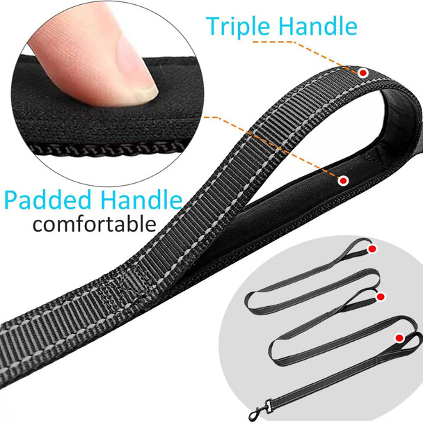 3 Handle Dog Leash, 10Ft Triple Handle Dog Leash Reflective Stitching, Three Padded Traffic Handles, Heavy Duty Dog Leash, Training Dog Lead For Control And Safety (Black)