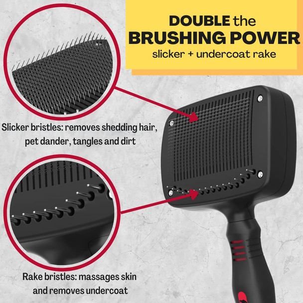 Combo Dog Brush - Slicker & Undercoat Rake - Self Cleaning, Remove Shedding Hair, Undercoat & Mats, Grooming Tool For Medium & Long Haired Pets, Great For Husky, Gsd, For Dog Owners