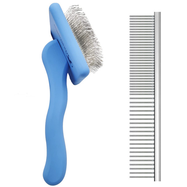Slicker Brush For Dogs & Pet Comb Value Kit,50% Wider Large Dog Slicker Brush For Long Haired Dogs And Cats With Ergonomic Solid Wooden Handle,Long Pin Dog Grooming Brush For Goldendoodle Poodle