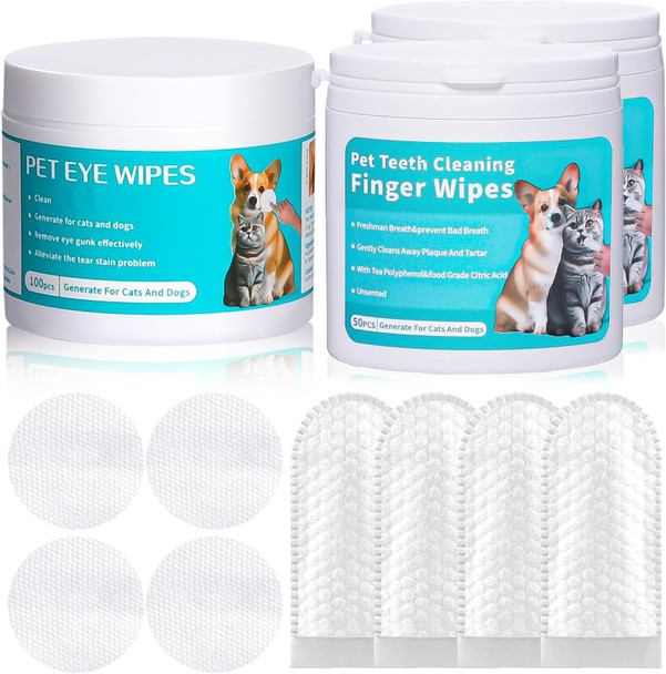2-Pack Teeth And Ear Cleaner Finger Wipes, Dog And Cat Grooming Kit, Soothing Odor Control, Reduces Dirt And Wax Buildup (1Teeth Wipes&Ear Wipes&Eye Wipes)