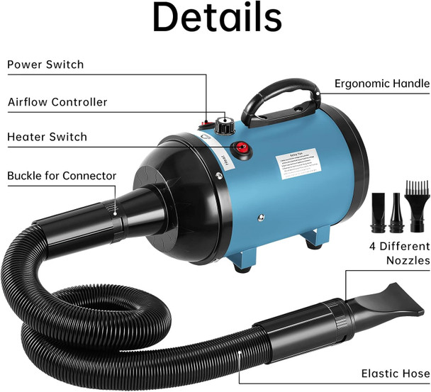 Nestroad Dog Dryer High Velocity Dog Hair Dryer,4.3Hp/3200W Dog Blower Grooming Force Dryer With Stepless Adjustable Speed,Professional Pet Hair Drying With 4 Different Nozzles For Dogs Pets,Blue