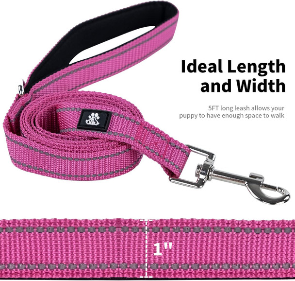 Nestroad Reflective Dog Leash,Strong And Durable Nylon Dog Leash With Soft Padded Handle For Small Medium Large Dogs Walking,Training,Fuchsia Pink,5Ft