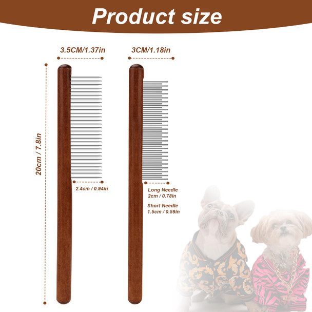 2Pcs Grooming Comb For Pets, Solid Wood Cat Combs With Wide & Narrow Rounded-Tip Steel Teeth Pet Hair Comb Metal Flea Lice Comb For Cats Dogs Small & Medium Pets Tangled Hair