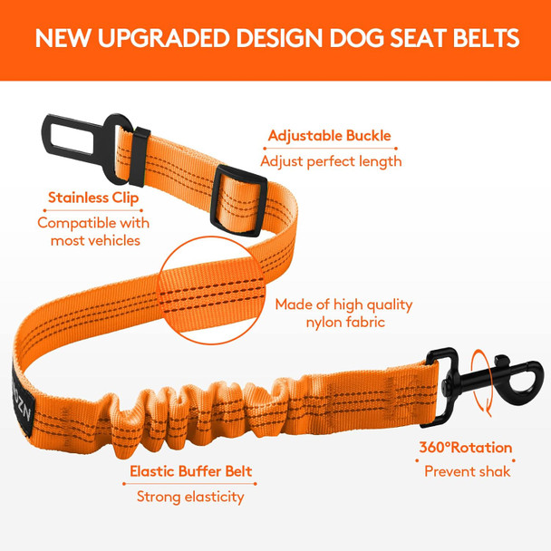 Nzonpet Dog Seat Belt, Retractable Dog Car Seatbelts, Safety Dog Seat Car Harness For Car Travel, Reflective Heavy Duty Pet Seat Belts W/Stainless Hook And Elastic Bungee Buffer-Orange