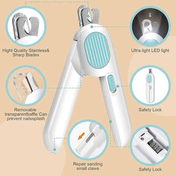 Odoland Pet Nail Clipper With Led Light And Pet Massage Comb - Cat Claw Trimmer With Bright Led For Precise And Safe Nail Cutting - Grooming Tool For Tiny Dogs, Cats, Kittens, Bunnies, And Rabbits
