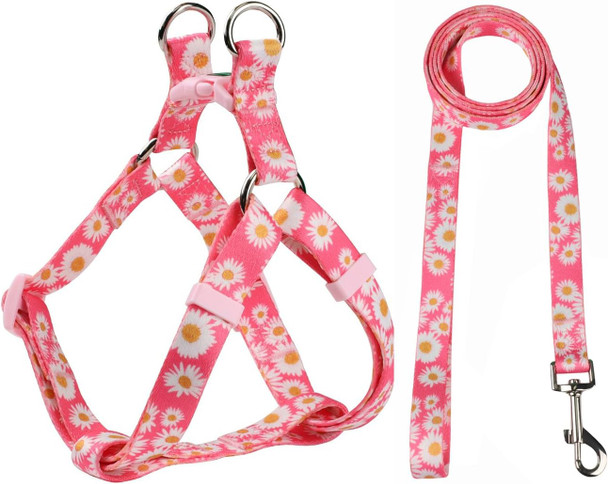 Pink Daisy Pattern Basic Dog Halter Harness Leash Set, No Pull, Easy Wear For Small Dogs.(S, Pink Daisy)